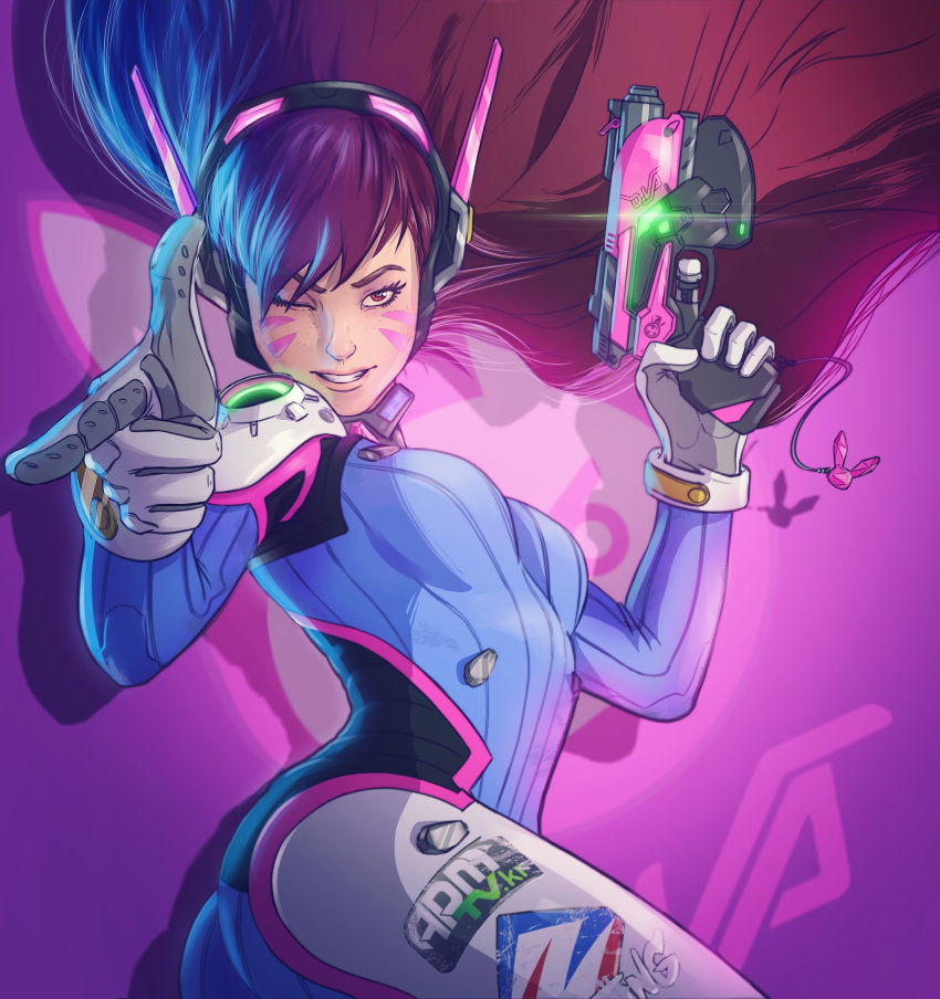 1girl animal_print arched_back bangs big_hair bodysuit bracer breasts brown_eyes brown_hair bunny_print character_name charm_(object) clothes_writing cowboy_shot d.va_(overwatch) facepaint facial_mark finger_gun finger_on_trigger freckles from_side glint gloves glowing gun headphones high_collar highres holding holding_gun holding_weapon logo long_hair long_sleeves looking_at_viewer meka_(overwatch) nico_fari one_eye_closed overwatch parted_lips pilot_suit pink_background purple_background ribbed_bodysuit shoulder_pads skin_tight small_breasts smile solo swept_bangs weapon whisker_markings white_gloves