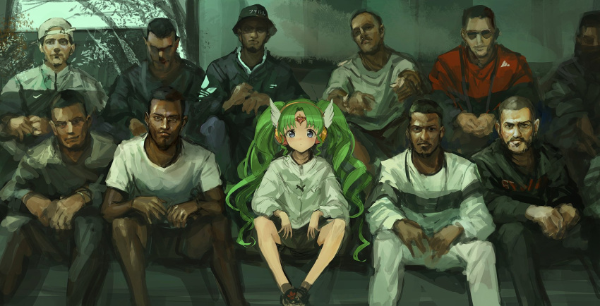 1girl 6+boys adidas bangs baseball_cap black_hair black_legwear black_shorts blue_eyes blush closed_mouth dark_skin facial_hair falulu forehead_jewel goatee green_hair hat head_tilt headphones highres jacket lm7_(op-center) long_hair long_sleeves looking_at_viewer multiple_boys mustache nike outstretched_arm own_hands_together pants parted_bangs pointing pointing_at_viewer pripara shirt shoes short_hair shorts sitting sneakers socks sunglasses track_jacket twintails very_dark_skin very_long_hair white_jacket white_shirt white_wings wings