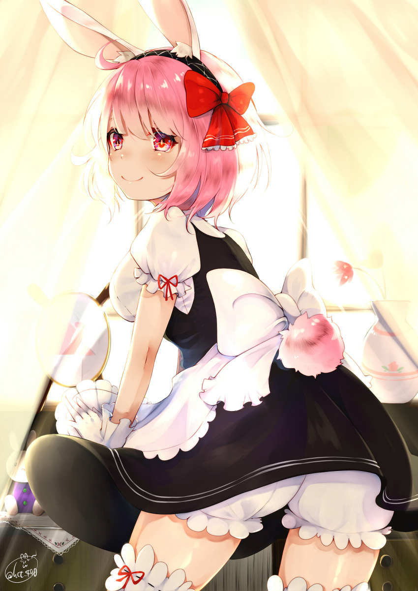 1girl ahoge animal_ears apron backlighting bloomers blush bow breasts bunny_girl bunny_tail chita_(ketchup) commentary curtains day followers frilled_bow frilled_legwear frilled_shorts frilled_sleeves frills from_behind gloves hair_bow hairband highres indoors large_breasts looking_back maid original pink_eyes pink_hair puffy_short_sleeves puffy_shorts puffy_sleeves rabbit_ears red_bow short_hair short_sleeves shorts signature smile solo stuffed_animal stuffed_bunny stuffed_toy tail thigh-highs thighs twitter_username vase waist_apron white_bow white_gloves white_legwear