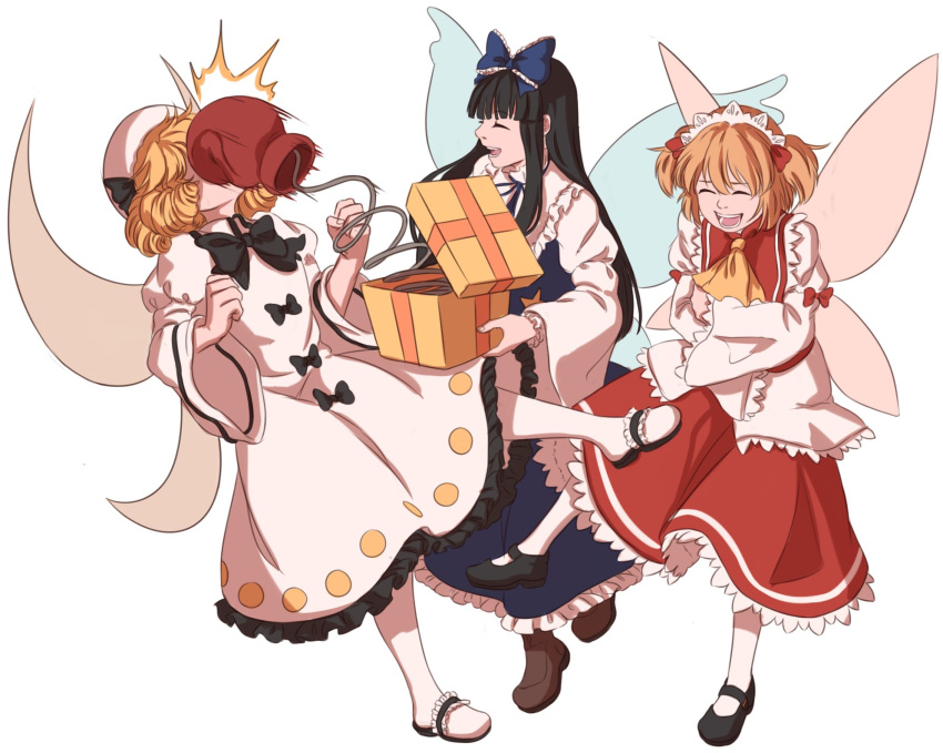 3girls :d ^_^ bangs black_hair blonde_hair blunt_bangs box boxing_gloves closed_eyes dress drill_hair fairy_wings frilled_dress frilled_sleeves frills gift gift_box hat highres in_the_face laughing long_hair luna_child mefomefo multiple_girls open_mouth prank quad_drills short_hair smile spring_(object) star_sapphire sunny_milk touhou twintails wide_sleeves wings