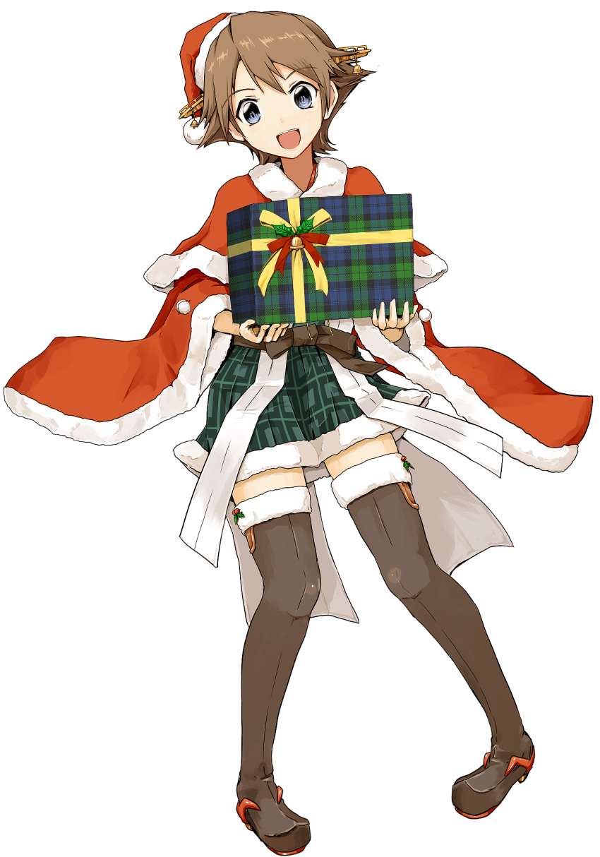 1girl :d alternate_costume bell black_legwear blue_eyes blush boots box brown_hair capelet christmas eyebrows_visible_through_hair full_body fur_trim gift gift_box hairband hat head_tilt hiei_(kantai_collection) highres holding jingle_bell kanoe_soushi kantai_collection looking_at_viewer open_mouth plaid plaid_skirt pleated_skirt santa_costume santa_hat short_hair skirt smile solo thigh-highs thigh_boots transparent_background wide_sleeves