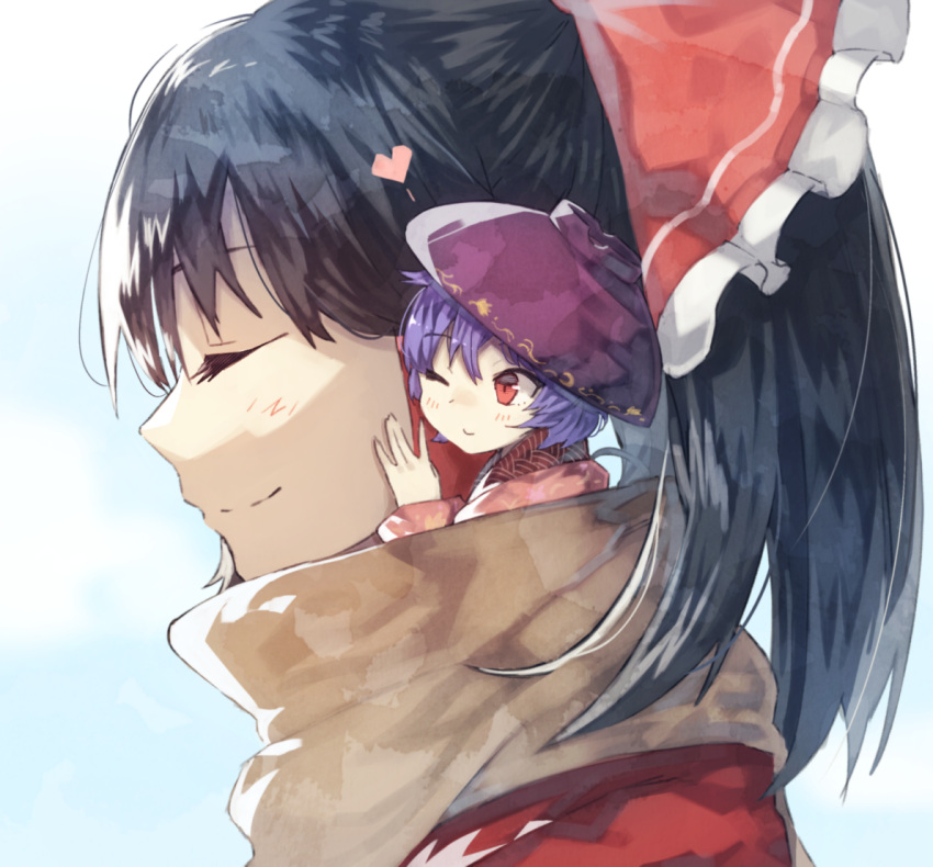 2girls ;) \||/ bangs bei_mochi black_hair blush bow bowl bowl_hat brown_scarf cheek-to-cheek closed_eyes closed_mouth commentary_request eyebrows_visible_through_hair eyelashes from_side hair_bow hakurei_reimu hand_on_another's_cheek hand_on_another's_face hat heart japanese_clothes kimono looking_at_another minigirl multiple_girls one_eye_closed ponytail portrait profile red_bow red_eyes short_hair side_glance smile sukuna_shinmyoumaru touhou violet_eyes yuri