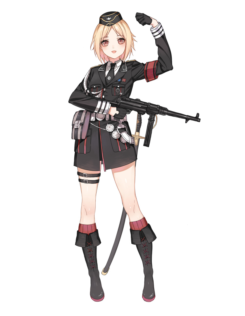 1girl armband bare_legs belt black_boots black_gloves black_necktie blonde_hair blush boots brown_eyes cartridge clenched_hands collared_shirt cross-laced_footwear eyebrows eyebrows_visible_through_hair finger_on_trigger full_body garrison_cap german girls_frontline gloves gun half_gloves hand_up hat head_tilt highres holding holding_gun holding_weapon holster iron_cross knee_boots lace-up_boots medal military military_uniform mp38_(girls_frontline) mp40 necktie nose official_art open_mouth personification pouch sheath shirt short_hair solo standing submachine_gun sword thigh_strap transparent_background uniform weapon white_shirt