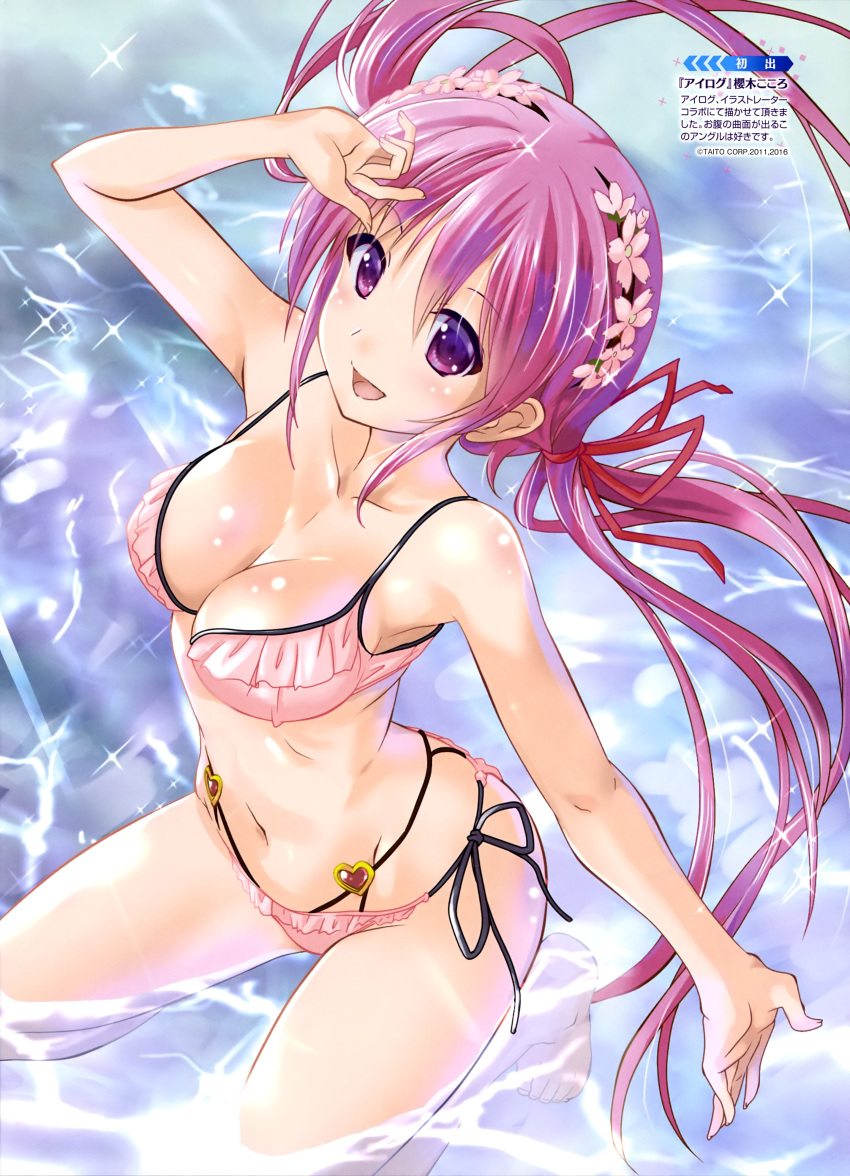 1girl :d absurdres arm_up bare_arms bare_shoulders barefoot bikini black_ribbon blush breasts cleavage collarbone eyebrows_visible_through_hair flower from_above gem hair_flower hair_ornament hair_ribbon heart highres kneeling komatsu_eiji looking_at_viewer looking_up low_twintails medium_breasts navel open_mouth partially_submerged pink_bikini pink_hair red_ribbon ribbon ruby_(stone) shiny shiny_skin side-tie_bikini smile solo stomach swimsuit tareme translated twintails violet_eyes water