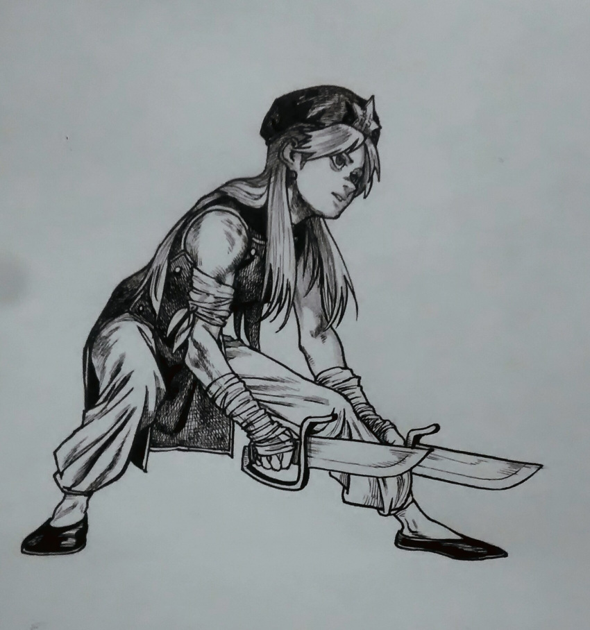 1girl alternate_costume alternate_hairstyle chinese_clothes dual_wielding fighting_stance full_body greyscale hat highres holding hong_meiling long_hair monochrome nib_pen_(medium) sendai_(nazonomono) solo sword touhou traditional_media weapon