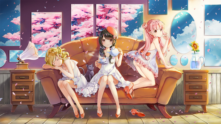 3girls ankle_strap bangs bare_legs beret black_hair blonde_hair bow braid brown_eyes cat cherry_blossoms commentary_request couch cup double_bun dress flower frilled_dress frills hand_in_hair hat hat_bow high_heels jug long_hair looking_at_viewer low_twintails multiple_girls original panties petals phonograph pink_hair pouring red_eyes red_shoes scrunchie shoe_dangle shoe_removed shoes sibyl single_shoe sleeping smile steam sunflower tea teacup teapot twintails underwear white_dress window