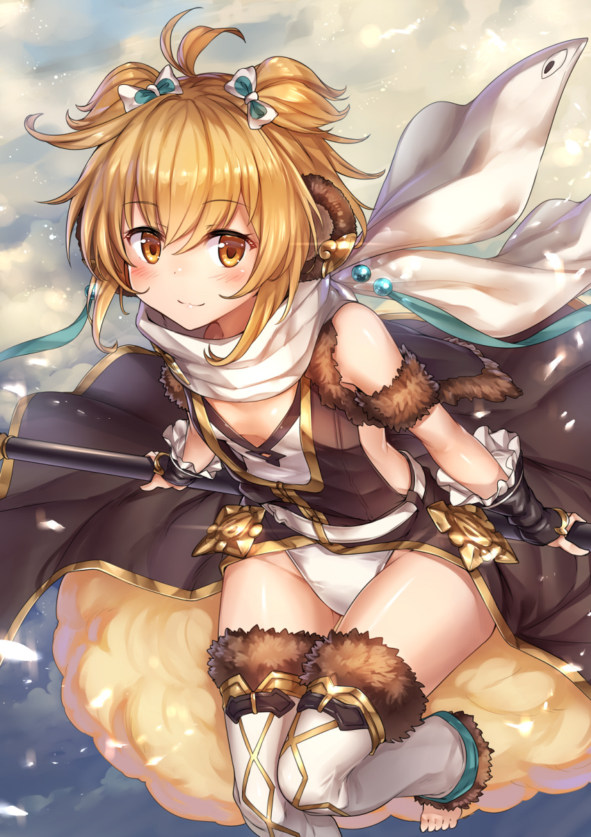 1girl :3 ahoge anchira_(granblue_fantasy) bangs blonde_hair blush breasts brown_eyes day eyebrows_visible_through_hair fingerless_gloves frilled_gloves frills fur-trimmed_legwear fur_trim gloves granblue_fantasy highres holding holding_weapon ks looking_at_viewer outdoors scarf small_breasts smile solo thigh-highs thighs toes twintails weapon white_leotard white_scarf