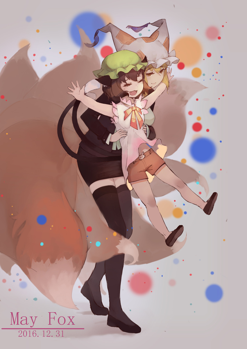 2016 2girls animal_ears artist_name black_jacket black_legwear black_shoes black_skirt blonde_hair blouse bow bowtie brown_eyes brown_hair brown_shoes cat_ears cat_tail chen dated formal fox_tail full_body green_hat grey_background hat highres jacket lifting_person long_sleeves mob_cap multiple_girls multiple_tails one_eye_closed open_mouth orange_shorts outstretched_arms pillow_hat pink_blouse shoes shorts skirt sleeveless smile spread_arms tail thigh-highs touhou two_tails wu_yue_[vulpes] yakumo_ran yellow_bow yellow_bowtie yellow_eyes