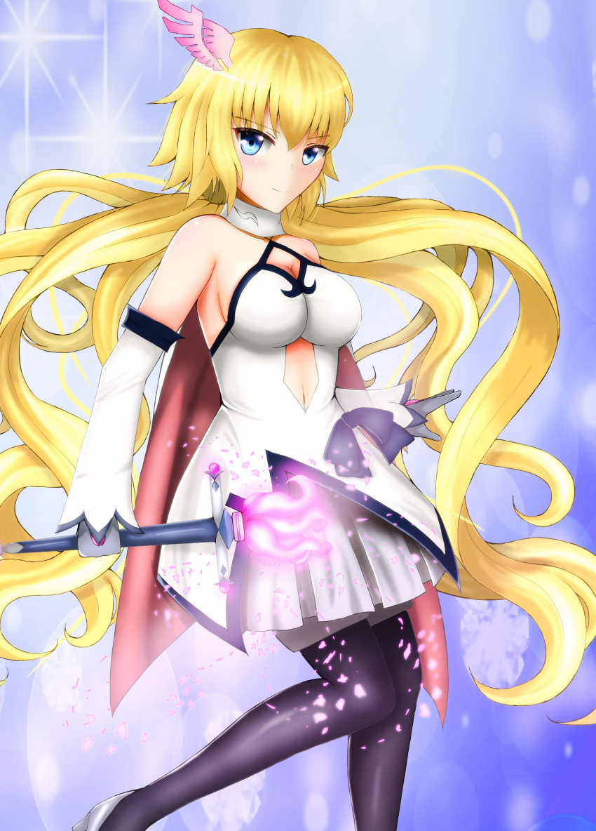 absurdly_long_hair absurdres blonde_hair blue_eyes blush breasts choker cleavage_cutout fate/grand_order fate_(series) gloves head_wings high_heels highres large_breasts long_hair magical_girl navel_cutout rai_(newtype_xm-x1) ruler ruler_(fate/apocrypha) smile thigh-highs type-moon very_long_hair
