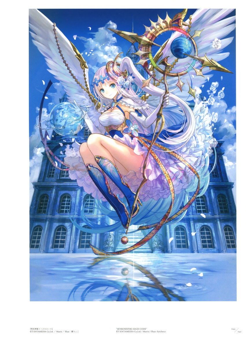 1girl absurdres blue_boots blue_eyes boots breasts cleavage dress elbow_gloves feathered_wings floating_hair flower fuji_choko gloves hair_flower hair_ornament high_heels highres huge_filesize kneeboots long_hair looking_at_viewer medium_breasts original petals_on_water silver_hair solo very_long_hair white_dress white_flower white_gloves white_wings wings