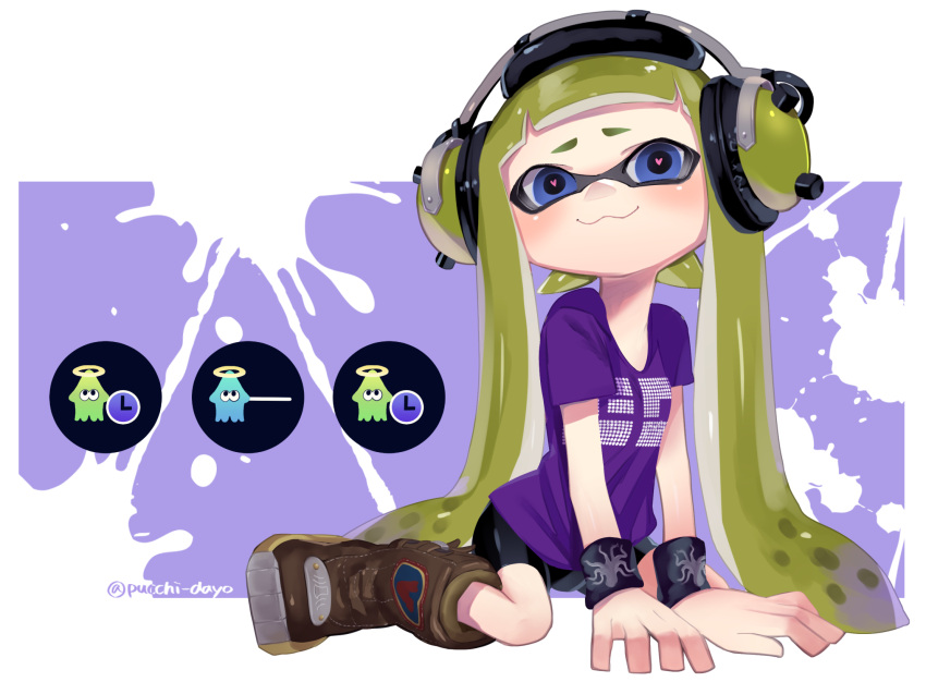 1girl :3 arm_support bangs bike_shorts black_shorts black_wristband blue_eyes blunt_bangs blush boots brown_boots closed_mouth commentary domino_mask female_inkling full_body gameplay_mechanics green_hair headphones heart heart-shaped_pupils highres inkling long_hair looking_at_viewer mask paint_splatter pointy_ears print_shirt puchiman purple_shirt shirt shorts single_vertical_stripe sitting smile solo splatoon squid symbol-shaped_pupils t-shirt tentacle_hair twitter_username wariza wristband