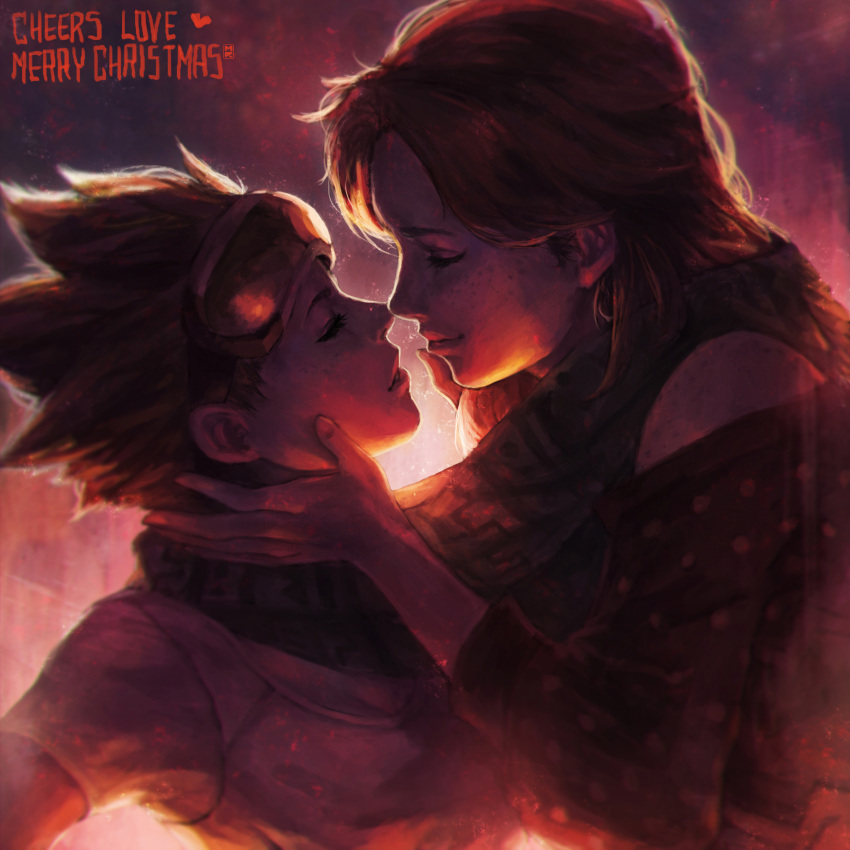 2girls absurdres brown_hair closed_eyes couple emily_(overwatch) freckles goggles goggles_on_head highres incipient_kiss monori_rogue multiple_girls overwatch parted_lips redhead scarf shared_scarf spiky_hair tracer_(overwatch) yuri