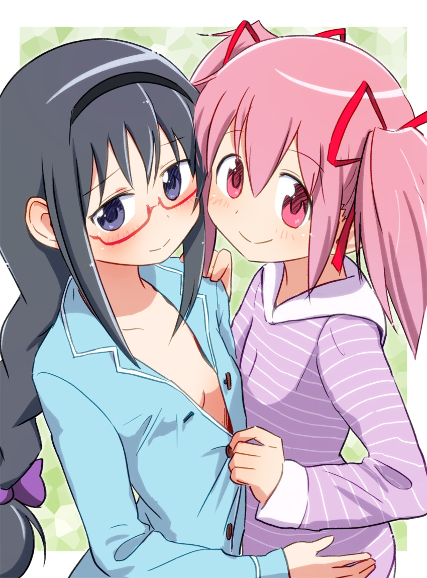 2girls akemi_homura assisted_exposure black_hair black_hairband blush bow embarrassed flat_chest glasses hair_bow hair_ribbon hairband hand_on_another's_chest hand_on_another's_shoulder highres kaname_madoka light_smile long_hair looking_at_viewer mahou_shoujo_madoka_magica multiple_girls naughty_face open_clothes pajamas pink_eyes pink_hair red-framed_eyewear ribbon sailor_collar sat-c semi-rimless_glasses twintails unbuttoned under-rim_glasses violet_eyes yuri
