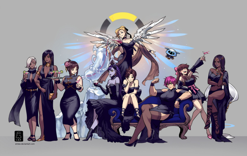 6+girls alcohol alternate_hairstyle ana_(overwatch) black_dress black_hair blonde_hair bottle breasts china_dress chinese_clothes cleavage cup d.va_(overwatch) dark_skin dress drinking_glass ein_lee ice_sculpture mechanical_wings mei_(overwatch) mercy_(overwatch) mother_and_daughter multiple_girls overwatch pharah_(overwatch) purple_skin sitting smile symmetra_(overwatch) thigh-highs tracer_(overwatch) widowmaker_(overwatch) wine wine_glass wings zarya_(overwatch)