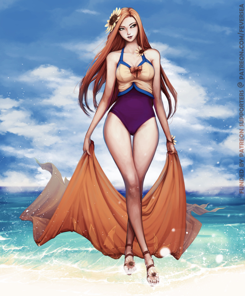 1girl absurdres bare_legs beach bracelet breasts brown_eyes brown_hair cleavage feversea flower full_body hair_flower hair_ornament highres jewelry league_of_legends legs_crossed leona_(league_of_legends) long_hair long_legs medium_breasts one-piece_swimsuit pool_party_leona purple_swimsuit sandals sarong sarong_removed solo standing sunflower swimsuit