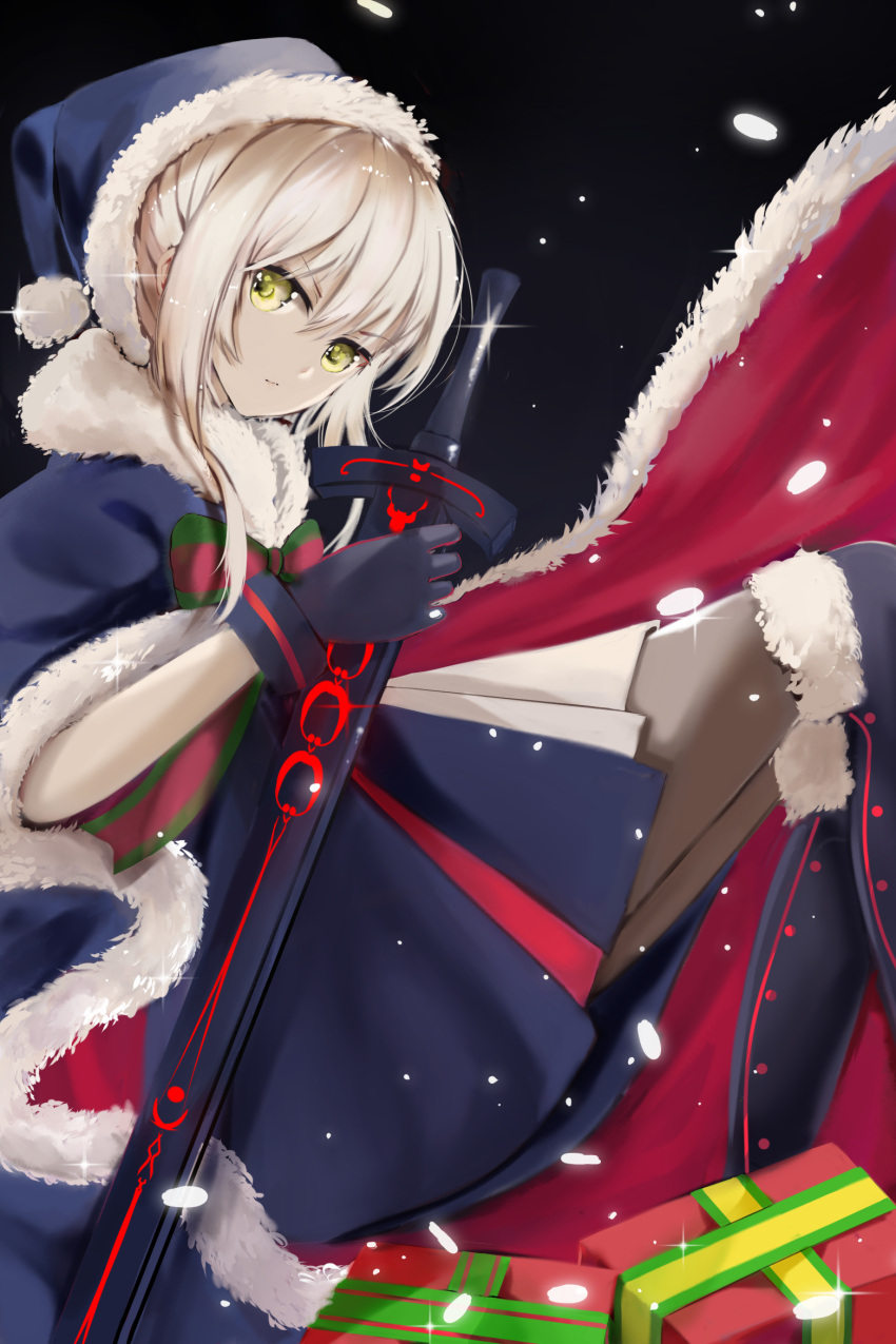 1girl blonde_hair blue_boots blue_gloves blue_hat blue_santa_costume boots bow box brown_legwear cape dark_excalibur fate/grand_order fate_(series) gift gift_box gloves hair_bow hat highres holding holding_sword holding_weapon looking_at_viewer pantyhose saber saber_alter santa_alter santa_costume santa_hat short_hair_with_long_locks sidelocks solo sword thigh-highs thigh_boots weapon yellow_eyes z_z