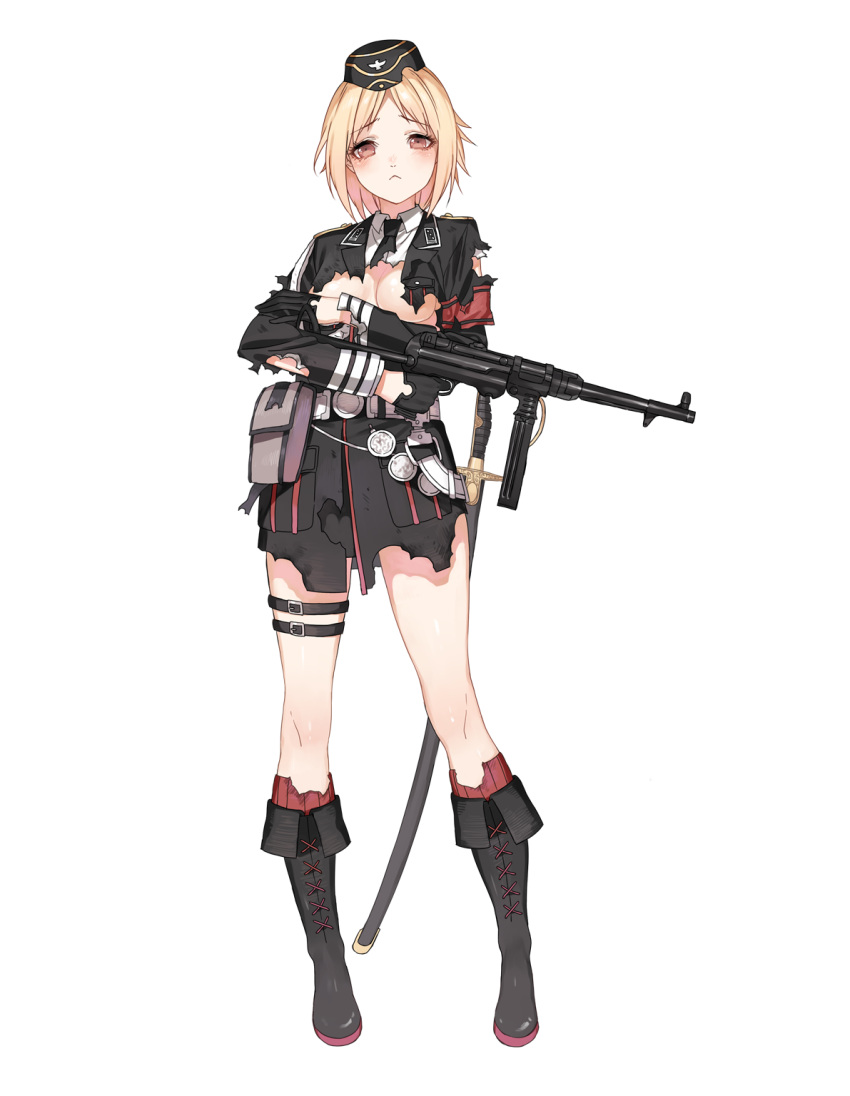 1girl :&lt; armband bare_legs belt black_boots black_gloves black_necktie blonde_hair blush boots breasts brown_eyes cartridge cleavage cleavage_cutout closed_mouth collared_shirt covering covering_breasts cross-laced_footwear eyebrows eyebrows_visible_through_hair finger_on_trigger full_body german girls_frontline gloves gun half_gloves head_tilt highres holding holding_gun holding_weapon holster knee_boots lace-up_boots large_breasts looking_at_viewer medal military military_uniform mp38_(girls_frontline) mp40 necktie nose official_art personification pouch sheath shirt short_hair solo standing submachine_gun sword thigh_strap torn_clothes transparent_background uniform weapon white_shirt