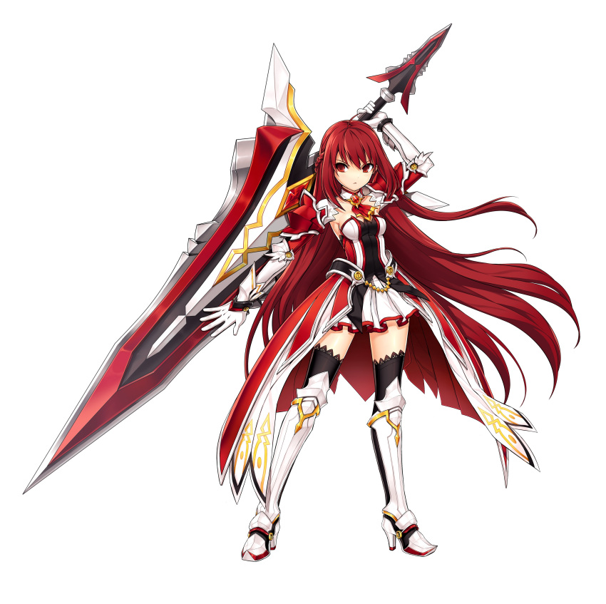 1girl absurdres armor armored_dress artist_request black_legwear braid detached_collar elesis_(elsword) elsword full_body gloves grand_master_(elsword) greaves half_updo highres holding holding_weapon huge_weapon long_hair neckerchief no_nose overskirt red_eyes redhead serious solo standing sword thigh-highs very_long_hair weapon white_background white_gloves zettai_ryouiki