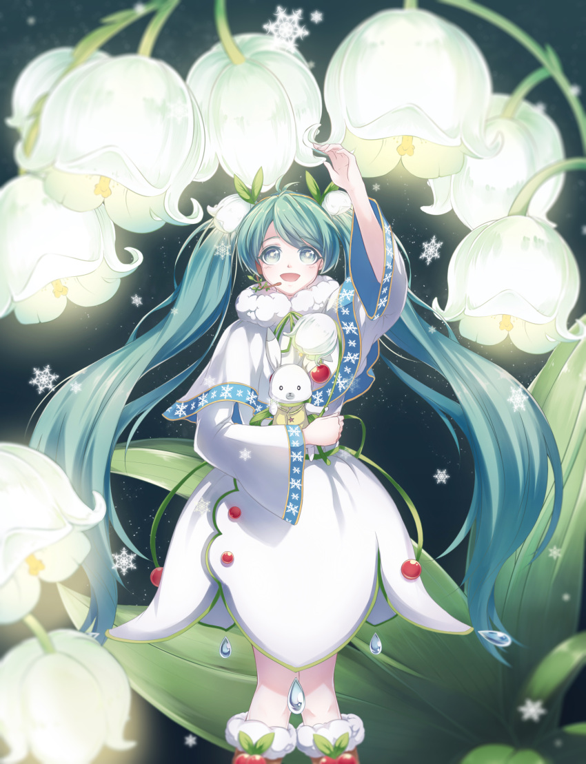 aqua_hair arm_up blue_eyes capelet dress droplets flower hair_flower hair_ornament hatsune_miku headset highres holding_stuffed_animal kicchan lily_of_the_valley long_hair looking_at_viewer open_mouth snowflakes standing stuffed_animal stuffed_bunny stuffed_toy twintails vocaloid white_dress wide_sleeves