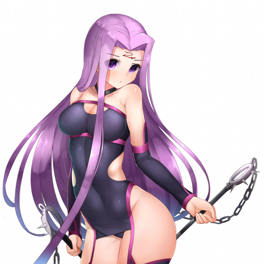 1girl :&lt; arm_warmers bare_shoulders black_legwear blush boruhis breasts chains choker cleavage cleavage_cutout collarbone contrapposto covered_navel cowboy_shot dual_wielding eyebrows_visible_through_hair fate/stay_night fate_(series) forehead_tattoo garter_straps groin head_tilt highres holding holding_weapon long_hair looking_at_viewer medium_breasts purple_hair rider shiny shiny_skin simple_background skin_tight solo spikes standing strapless tareme tattoo thigh-highs very_long_hair violet_eyes weapon white_background