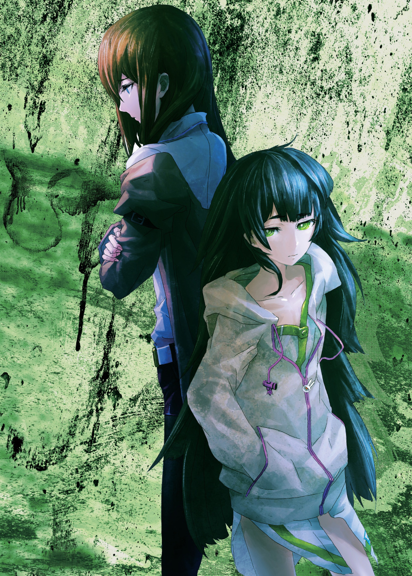 2girls absurdres back-to-back baggy_clothes bangs belt black_hair blue_eyes brown_hair crossed_arms expressionless eyelashes flat_chest green_eyes highres hiyajou_maho hood huke labcoat long_hair looking_at_viewer makise_kurisu multiple_girls official_art scan simple_background steins;gate steins;gate_zero thighs very_long_hair