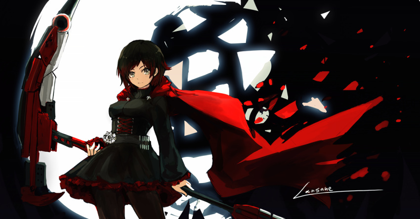 1girl black_dress black_hair breasts cape cloak corset digital_dissolve dress gradient_hair grey_eyes hood hooded_cloak huge_weapon impossible_clothes impossible_dress lansane long_sleeves medium_breasts multicolored_hair pantyhose petals red_cape redhead rose_petals ruby_rose rwby short_hair signature solo two-tone_hair weapon