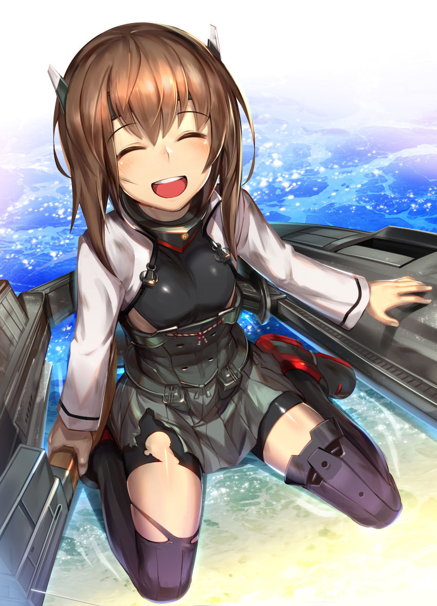 1girl absurdres anchor bike_shorts blush boots bow_(weapon) breasts brown_hair closed crossbow donarudo eyebrows_visible_through_hair eyes headband highres kantai_collection kneeling long_sleeves looking_at_viewer machinery ocean on_water open_mouth shiny shiny_hair short_hair sitting small_breasts taihou_(kantai_collection) teeth thigh-highs thigh_boots torn_clothes wariza weapon