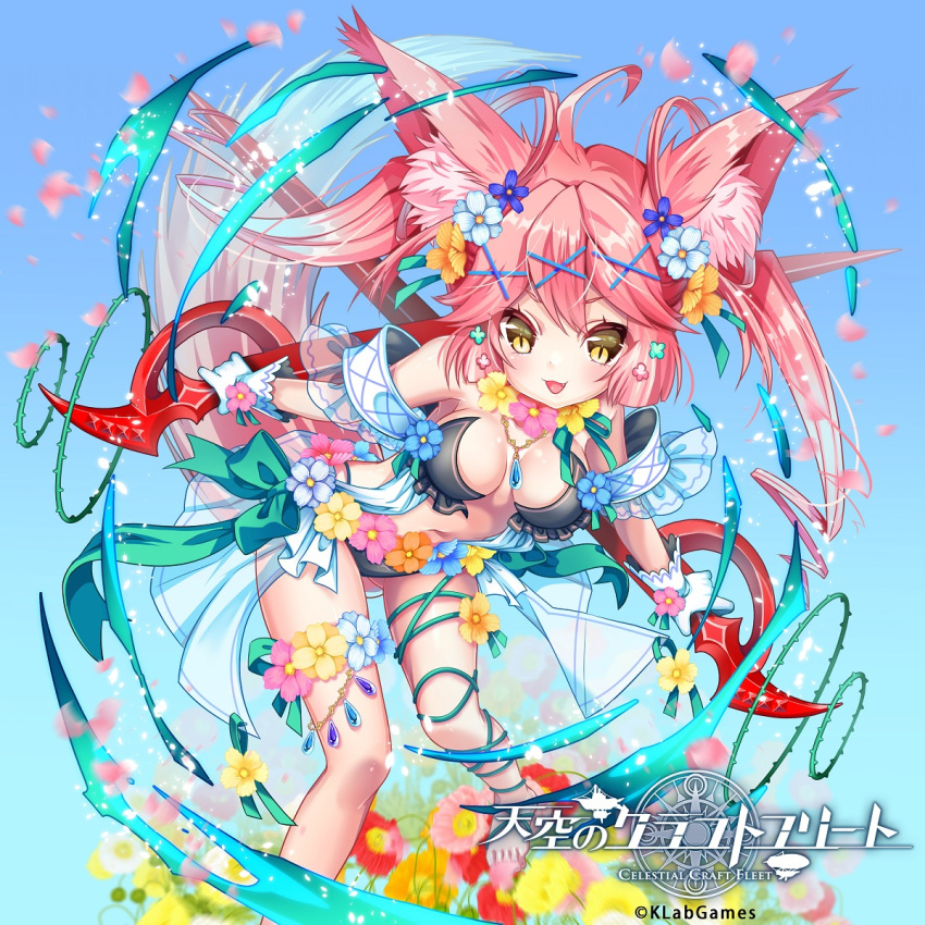 1girl animal_ears arm_garter asakishoten bangs bare_shoulders barefoot blonde_hair blue_background blush breasts breasts_apart commentary commentary_request company_name copyright_name dual_wielding fang flower full_body gloves hair_flower hair_ornament hairclip highres holding holding_sword holding_weapon jewelry leaning_forward long_hair looking_at_viewer medium_breasts navel necklace official_art open_mouth pendant pink_hair slit_pupils smile solo standing stomach sword tail tenkuu_no_craft_fleet twintails weapon white_gloves x_hair_ornament
