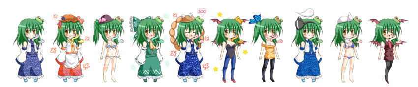 1girl aki_minoriko aki_minoriko_(cosplay) ascot bare_legs bat_wings bikini blue_bikini blush bow cleavage_cutout cosplay detached_sleeves dress_shirt expressive_clothes female food frog_hair_ornament fruit full_body green_hair hair_bow hair_ornament hair_ribbon hakurei_reimu hakurei_reimu_(cosplay) harem hat head_wings high_heels highres koakuma koakuma_(cosplay) kochiya_sanae konpaku_youmu konpaku_youmu_(cosplay) konpaku_youmu_(ghost) leotard letty_whiterock letty_whiterock_(cosplay) long_hair long_image off_shoulder open_mouth osashin_(osada) pantyhose peach pocky ponytail pyonta ribbed_sweater ribbon rope scarf shimenawa shirt side_ponytail simple_background skirt smile smirk snake_hair_ornament solo sweater swimsuit tongue tongue_out touhou variations white_bikini wide_image wings yellow_eyes