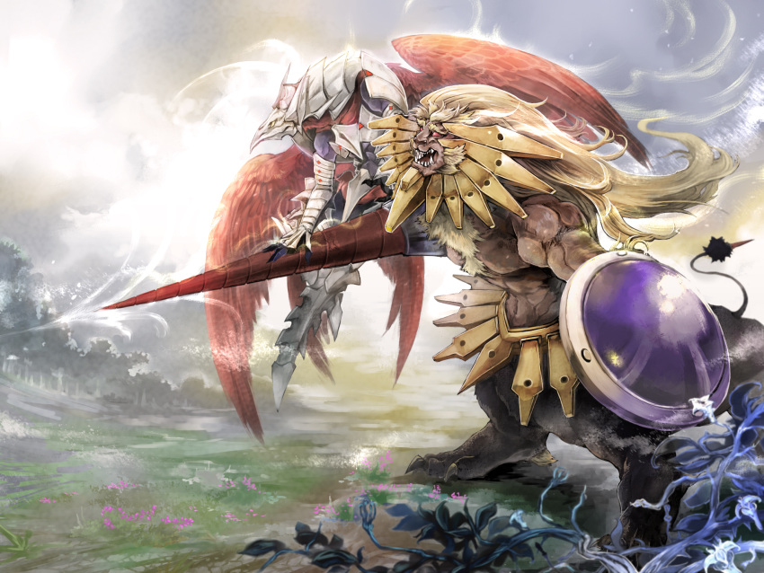 2boys alector_sovereign_of_birds armor beast_king_barbaros bird_wings blonde_hair centauroid chinchira day duel_monster forest highres holding holding_weapon lance lion long_hair multiple_boys muscle nature open_mouth outdoors polearm red_wings sharp_teeth shield standing tail teeth toned weapon wings yu-gi-oh!