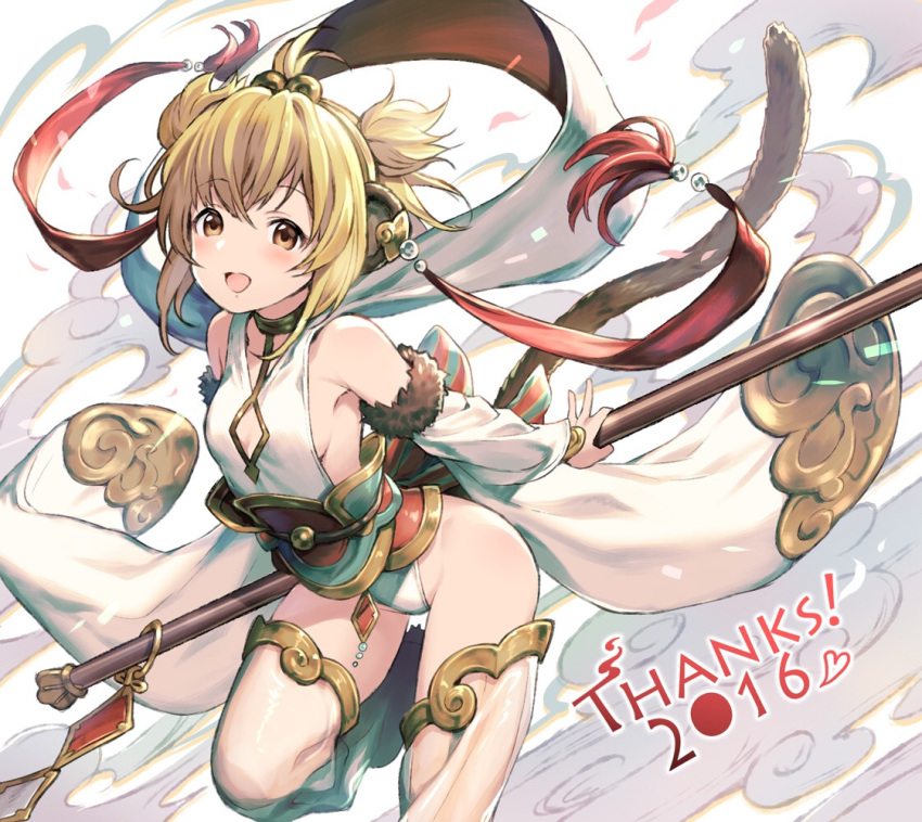 ! 1girl 2016 :d anchira_(granblue_fantasy) bangs bare_shoulders beads blonde_hair blush breasts brown_eyes chiericyan choker clouds confetti detached_sleeves diamond_(shape) earrings english erun_(granblue_fantasy) eyebrows_visible_through_hair fur_trim granblue_fantasy hairband holding jewelry leaning_forward leg_up looking_at_viewer monkey_ears monkey_tail open_mouth petals red_eyes sash shawl short_hair sideboob small_breasts smile solo staff tail tassel two_side_up white_background wind