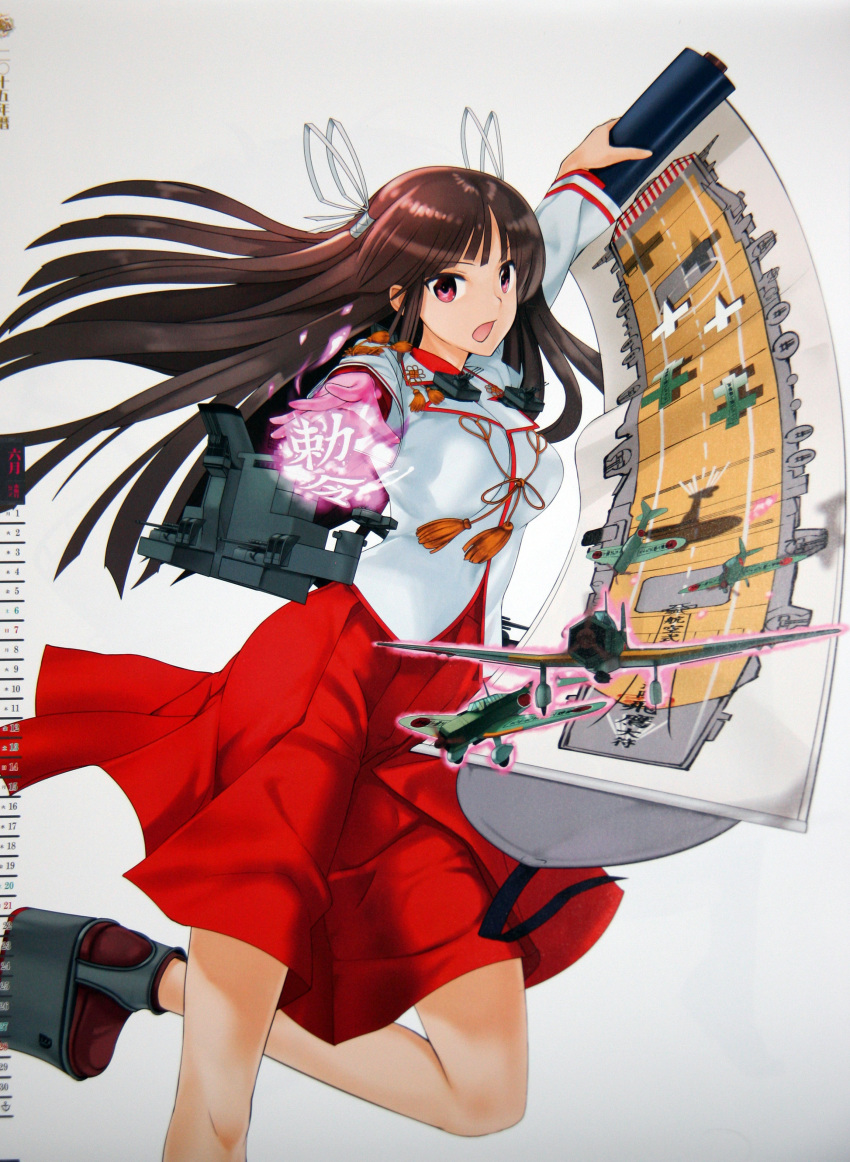 1girl absurdres aircraft airplane black_hair breasts calendar hair_ribbon high_heels highres hime_cut hiyou_(kantai_collection) june kanji kantai_collection kuuro_kuro large_breasts long_hair long_sleeves official_art one_leg_raised onmyouji open_mouth paper red_skirt ribbon scroll simple_background skirt solo standing standing_on_one_leg text violet_eyes white_background white_clothes white_ribbon