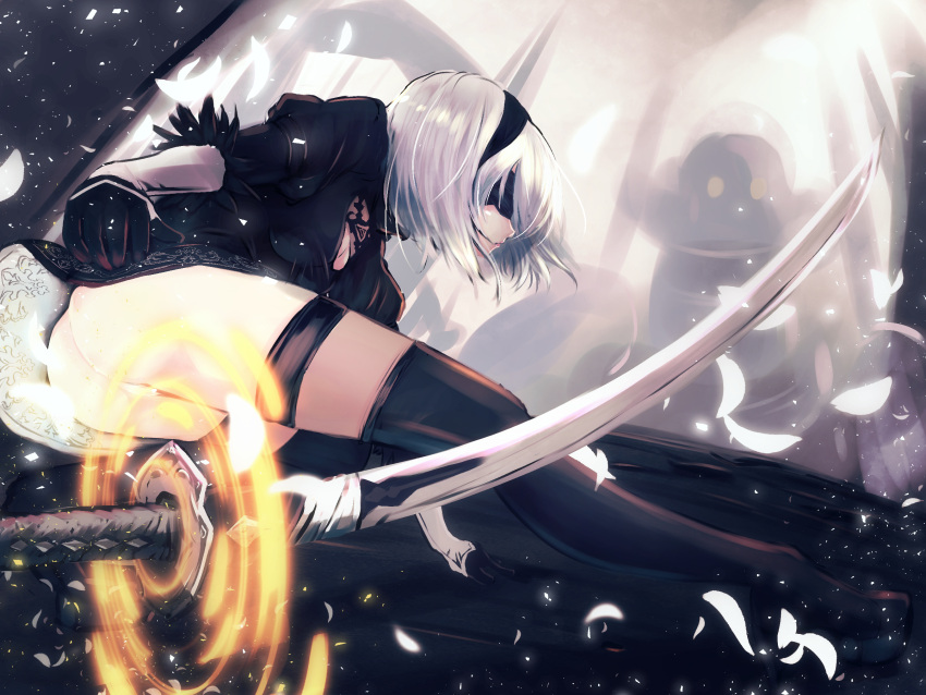 1girl android ass black_boots black_dress black_gloves black_hairband black_legwear blindfold boots breasts cleavage cleavage_cutout closed_mouth covered_eyes dress gloves hairband hand_up high_heel_boots high_heels highres juliet_sleeves katana kneeling legs_apart long_sleeves medium_breasts nier_(series) nier_automata okusan4645 petals puffy_sleeves robot short_dress short_hair silver_hair solo sword thigh-highs thigh_boots turtleneck vambraces weapon yorha_unit_no._2_type_b