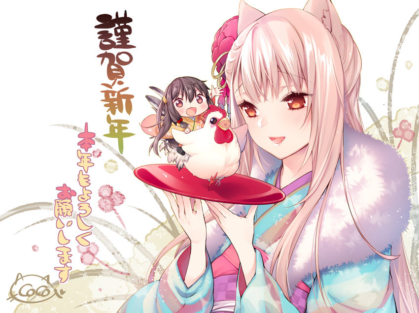 2girls :d animal_ears artist_name bangs bird black_hair blue_kimono blush cat_ears chibi chicken cocoa_(cafe-hotcocoa) eyebrows_visible_through_hair hair_between_eyes happy_new_year holding holding_tray japanese_clothes kimono kotoyoro long_hair looking_at_another looking_at_viewer multiple_girls new_year open_mouth original red_eyes riding shawl signature silver_hair smile translated tray white_background year_of_the_rooster
