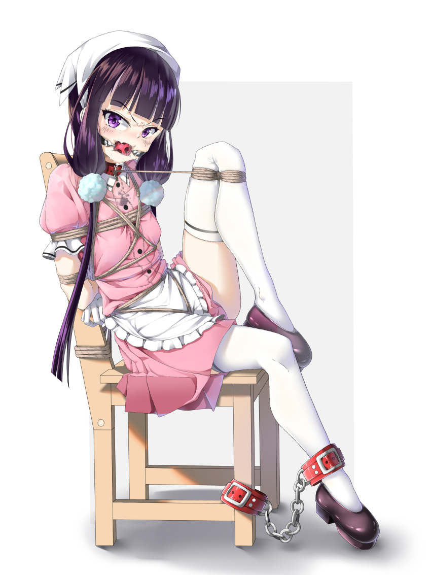 1girl absurdres angry apron arms_behind_back bangs bdsm black_footwear blend_s blunt_bangs blush bondage bound bound_ankles bound_arms bound_legs chains chair dripping drooling from_side full_body gala_king hair_bobbles hair_ornament highres long_hair looking_at_viewer looking_to_the_side low_twintails on_chair pink_shirt pink_skirt puffy_short_sleeves puffy_sleeves purple_hair sakuranomiya_maika saliva shibari shibari_over_clothes shirt shoes short_sleeves sitting skirt solo thigh-highs tsurime twintails v-shaped_eyebrows very_long_hair violet_eyes waist_apron wet wet_clothes wet_shirt white_apron white_legwear