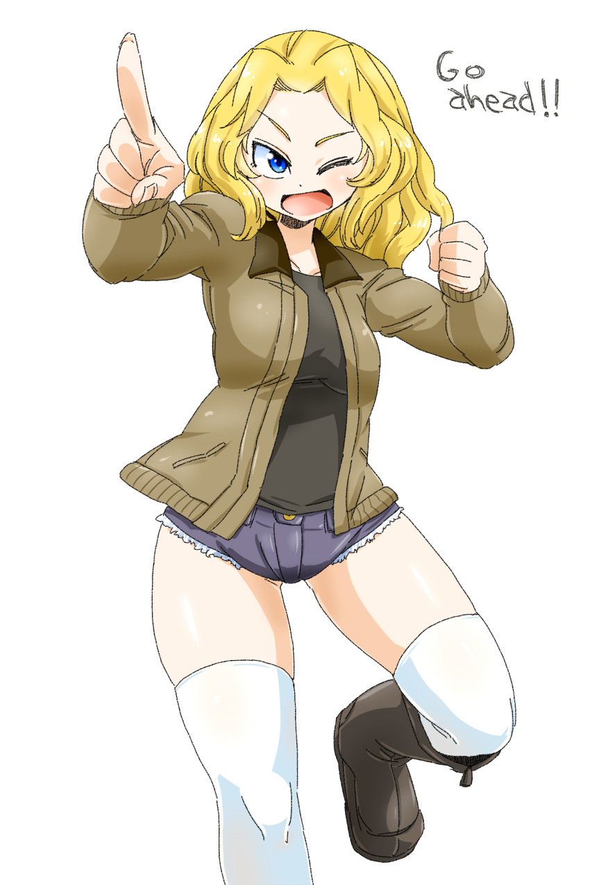 1girl absurdres aono3 black_boots black_shirt blonde_hair blue_eyes blue_shorts boots brown_jacket denim denim_shorts english girls_und_panzer hair_intakes highres jacket kay_(girls_und_panzer) leg_up long_hair looking_at_viewer military military_uniform one_eye_closed open_clothes open_jacket open_mouth pointing shirt short_shorts shorts simple_background smile solo standing standing_on_one_leg thigh-highs uniform white_background white_legwear