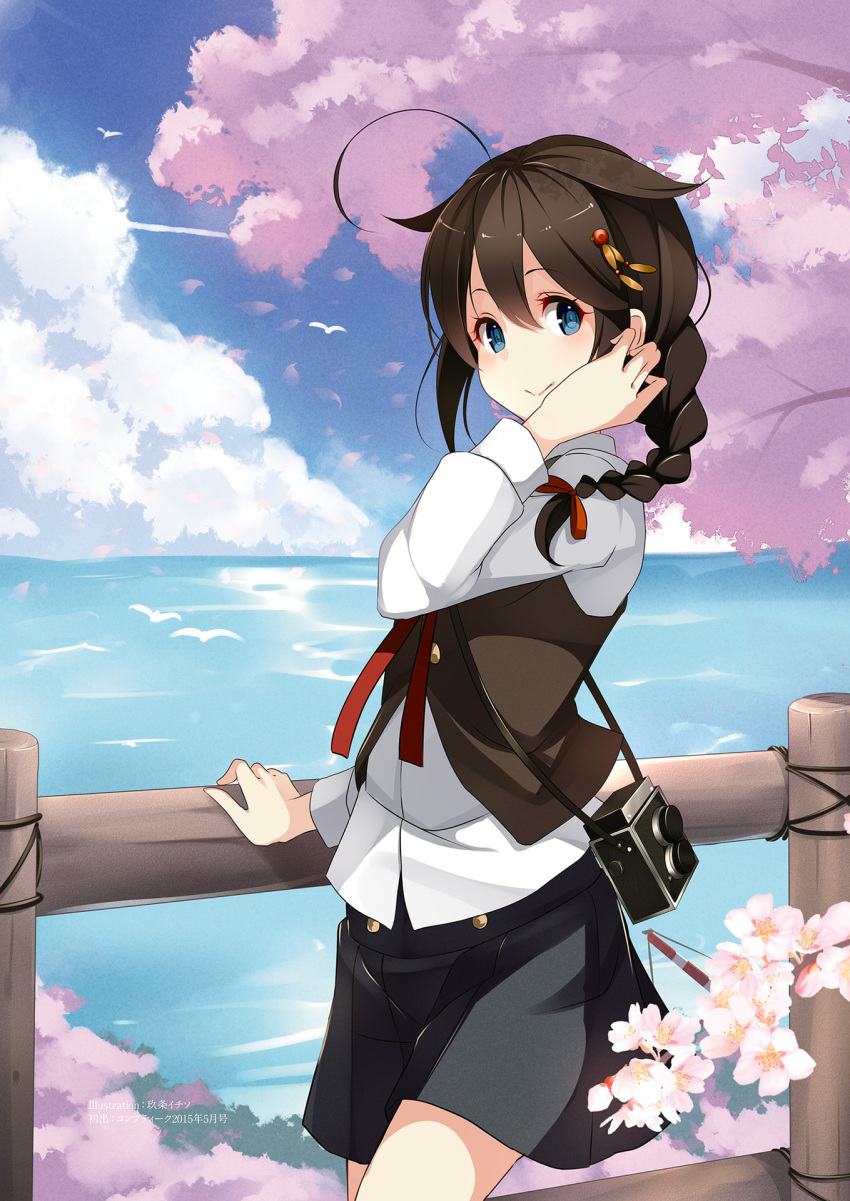 1girl adjusting_hair ahoge alternate_costume bird black_skirt blue_eyes blush braid camera casual cherry_blossoms clouds cloudy_sky collared_shirt cowboy_shot fence hair_flaps hair_ornament hair_ribbon highres kantai_collection kujou_ichiso landscape long_sleeves looking_at_viewer necktie ocean official_art red_necktie red_ribbon remodel_(kantai_collection) ribbon shigure_(kantai_collection) shirt short_hair single_braid skirt sky smile solo text tree_branch tree_shade twin-lens_reflex_camera white_clothes