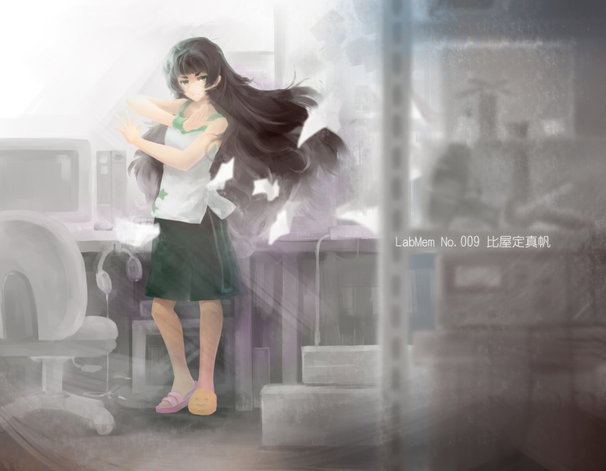 1girl baggy_shorts black_hair carrying carrying_bag chair computer desk expressionless eyebrows green_eyes headphones hiyajou_maho indoors long_hair looking_at_viewer monitor office sandals science_adventure shirt shorts sleeveless solo steins;gate steins;gate_zero table technology text wire