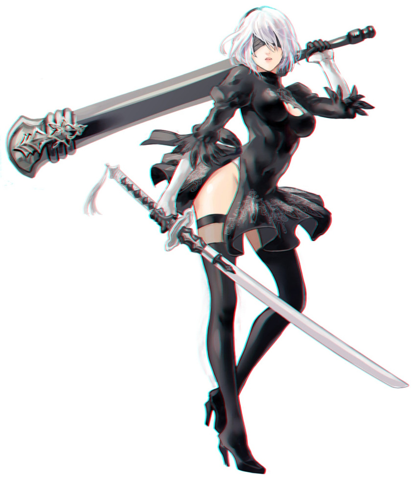 1girl android black_boots black_dress black_gloves black_hairband black_legwear blindfold boots breasts chromatic_aberration cleavage cleavage_cutout covered_eyes dress dual_wielding full_body gloves hair_over_one_eye hairband high_heel_boots high_heels highleg highleg_leotard highres holding holding_sword holding_weapon juliet_sleeves katana legs_apart leotard long_sleeves medium_breasts meodualeo nier_(series) nier_automata over_shoulder parted_lips pink_lips plantar_flexion puffy_sleeves short_dress short_hair side_slit silver_hair simple_background solo standing standing_on_one_leg sword tassel thigh-highs thigh_boots unsheathed weapon weapon_over_shoulder white_background white_leotard yorha_unit_no._2_type_b