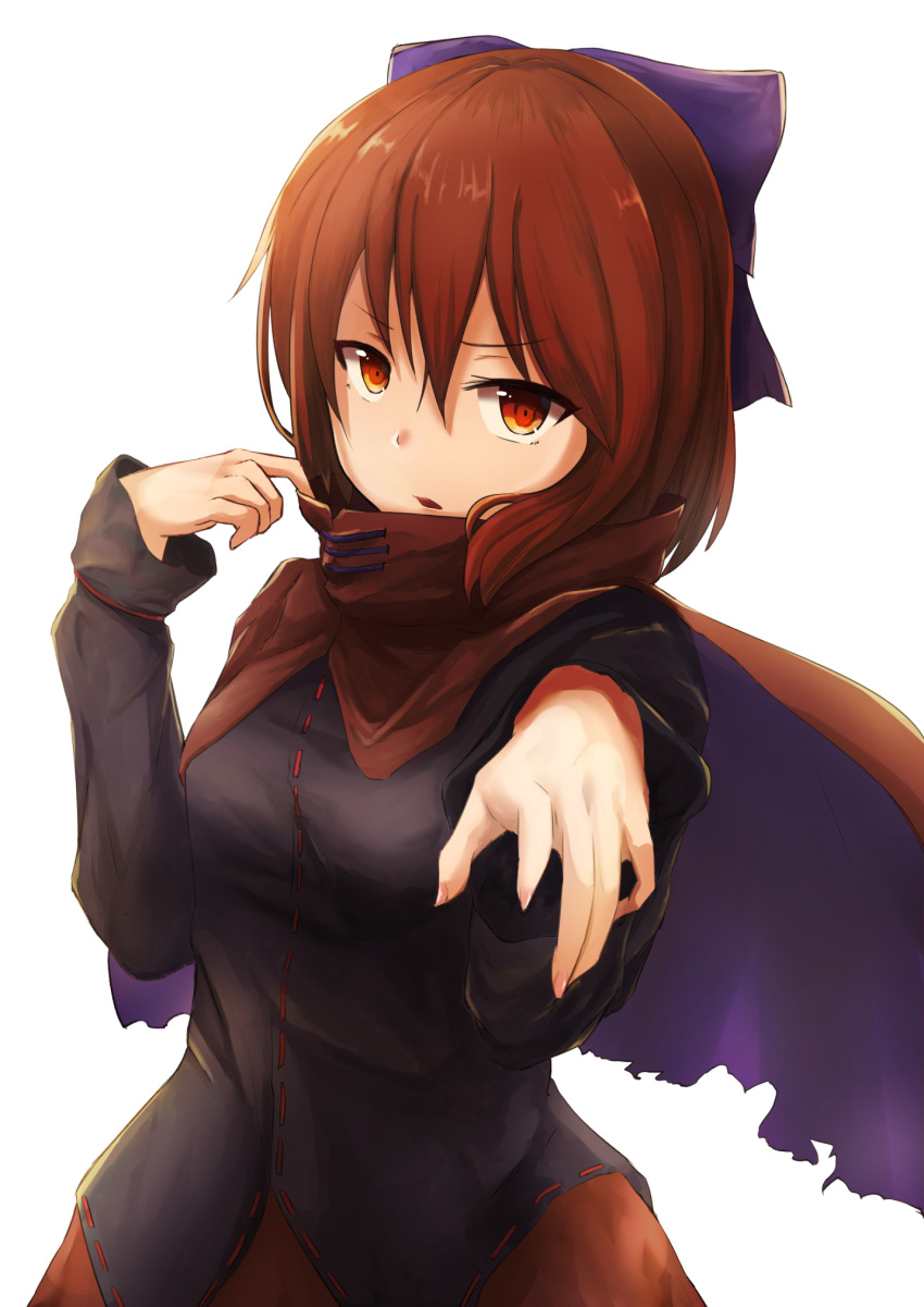 &gt;:( 1girl bangs black_shirt blush bow brown_eyes cape cowboy_shot foreshortening hair_between_eyes hair_bow high_collar highres long_sleeves looking_at_viewer nise_(__nise6__) parted_lips purple_bow red_skirt redhead sekibanki shirt short_hair skirt solo touhou white_background