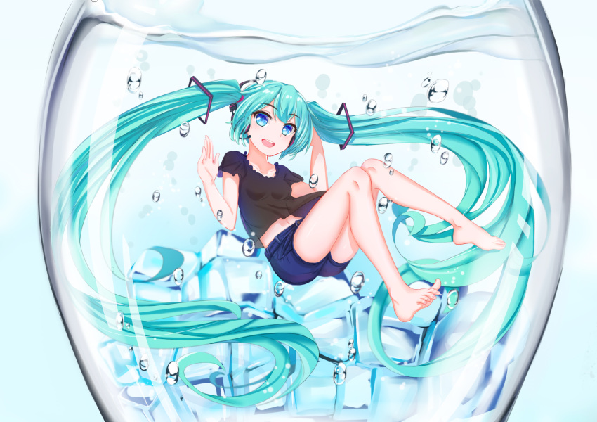 1girl absurdly_long_hair aqua_hair bare_shoulders barefoot blue_eyes cang_se_ye_hua cup floating_hair full_body hatsune_miku headphones highres ice ice_cube in_container in_cup long_hair looking_at_viewer minigirl open_mouth short_shorts shorts solo submerged twintails very_long_hair vocaloid