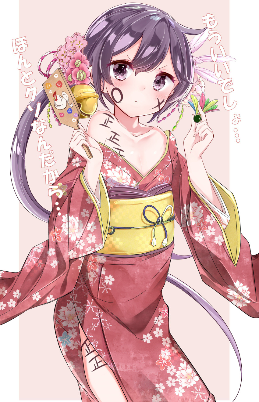 &gt;:( 1girl absurdres akebono_(kantai_collection) alternate_costume bell blush collarbone commentary_request facepaint floral_print flower hagoita hair_bell hair_flower hair_ornament hanetsuki highres japanese_clothes kantai_collection kengorou_saemon_ii_sei kimono long_hair open_mouth paddle pink_background purple_hair side_ponytail solo two-tone_background very_long_hair violet_eyes white_background yukata