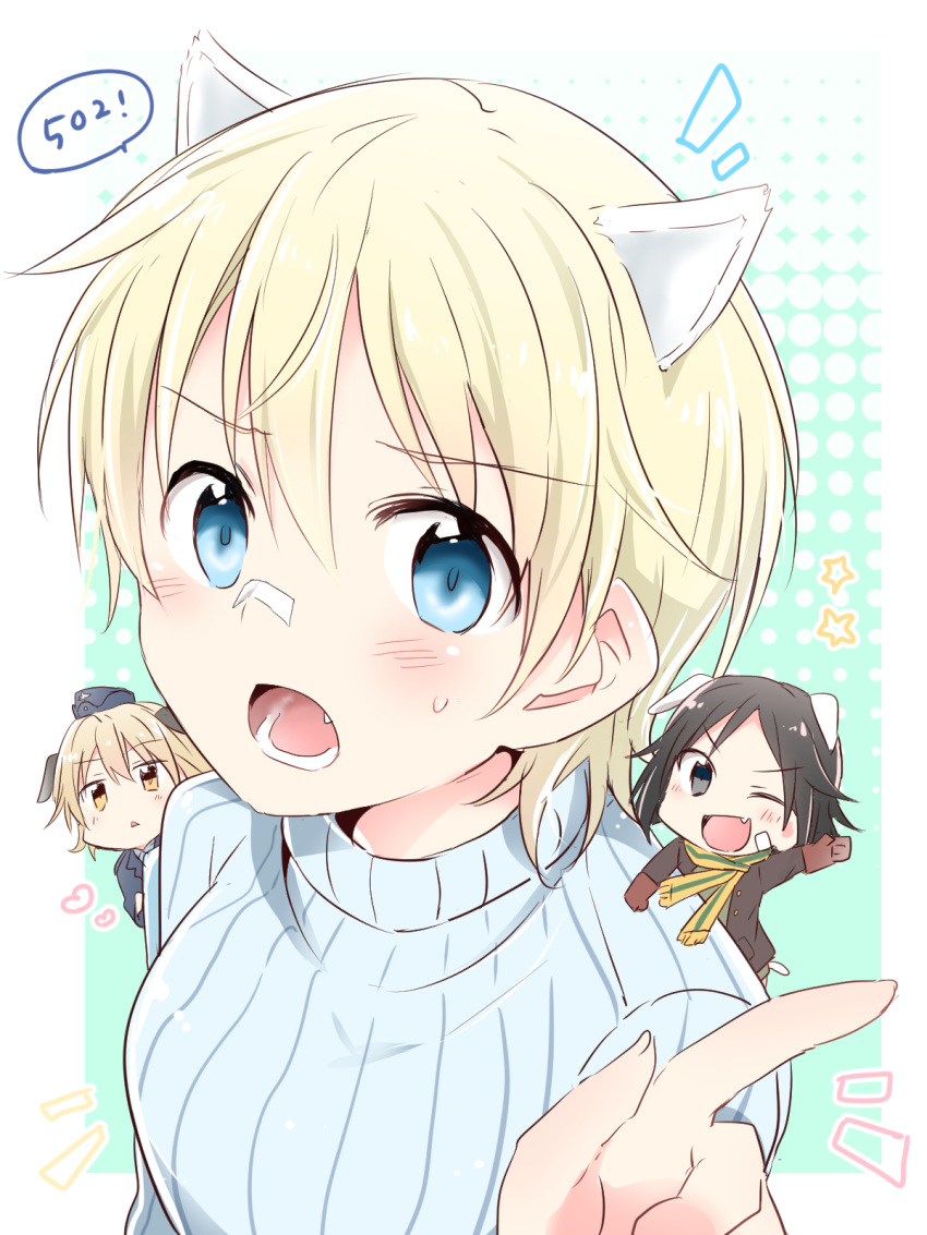 3girls :&lt; :d animal_ears bandaid bandaid_on_face bandaid_on_nose black_eyes blonde_hair blue_eyes blush brave_witches chibi commentary dog_ears ermine_ears eyebrows_visible_through_hair fang gloves hat heart highres index_finger_raised kanno_naoe light_brown_hair looking_at_viewer military military_uniform multiple_girls nikka_edvardine_katajainen one_eye_closed open_mouth scarf short_hair smile sweatdrop sweater uniform waltrud_krupinski world_witches_series yasaka_shuu yellow_eyes