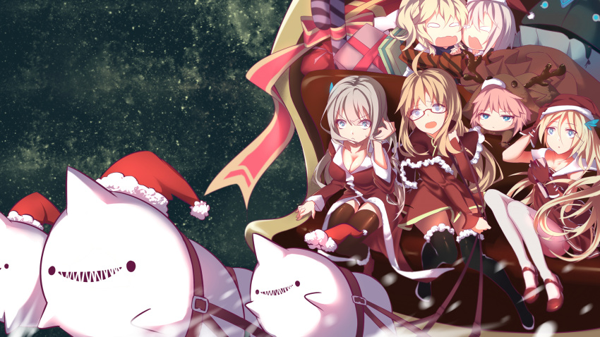 &gt;:&lt; 6+girls ahoge animal_costume black_legwear blonde_hair blue_eyes box breasts brown_legwear candy candy_cane capelet christmas cleavage closed)mouth closed_mouth coat collarbone food fur_trim galo_(zhan_jian_shao_nyu) gift gift_box glasses gloves glowworm_(zhan_jian_shao_nyu) hair_ornament hand_holding hat highres holding holding_gift holding_reins hood_(zhan_jian_shao_nyu) interlocked_fingers lexington_(zhan_jian_shao_nyu) long_hair long_seeves multiple_girls night night_sky open_mouth pink_hair red-framed_eyewear red_coat red_gloves red_hat red_shoes reindeer_costume sack santa_hat saratoga_(zhan_jian_shao_nyu) scared shoes sitting sky sled star_(sky) starry_sky tears thigh-highs tirpitz_(zhan_jian_shao_nyu) verniy_(zhan_jian_shao_nyu) wavy_mouth white_legwear zhan_jian_shao_nyu zhixiang_zhi