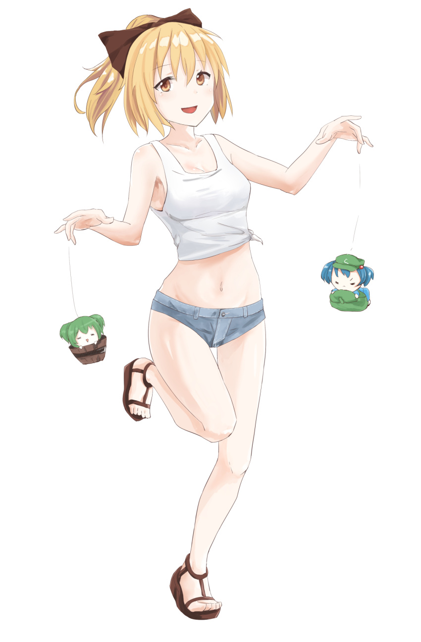 3girls backpack bag bare_legs bare_shoulders blonde_hair blue_hair blue_shorts bow breasts bucket casual chibi closed_eyes collarbone crop_top green_hair groin hair_between_eyes hair_bobbles hair_bow hair_ornament hands_up hat highres in_bucket in_container kawashiro_nitori kisume kurodani_yamame leg_up legs looking_at_viewer midriff multiple_girls navel nise_(__nise6__) ponytail short_hair short_shorts shorts simple_background sleeveless smile standing standing_on_one_leg thigh_gap touhou two_side_up white_background