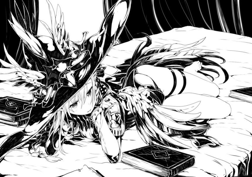 1girl bangs bed book curtains fantasy greyscale hair_between_eyes hat jitome legs_together light_smile long_hair looking_at_viewer lying monochrome on_bed on_stomach original parted_lips shibano_kaito solo thigh_strap thighs wings witch witch_hat