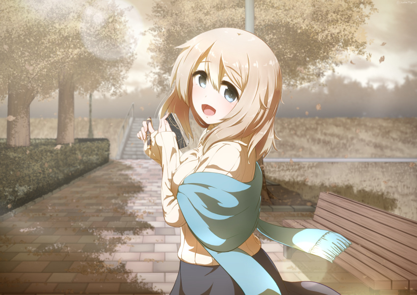 1girl aoyama_blue_mountain blonde_hair blue_eyes blush breasts commentary_request eyebrows_visible_through_hair giorgio_claes gochuumon_wa_usagi_desu_ka? hair_between_eyes highres holding long_hair long_sleeves looking_at_viewer open_mouth outdoors park shawl smile solo standing sweater tree