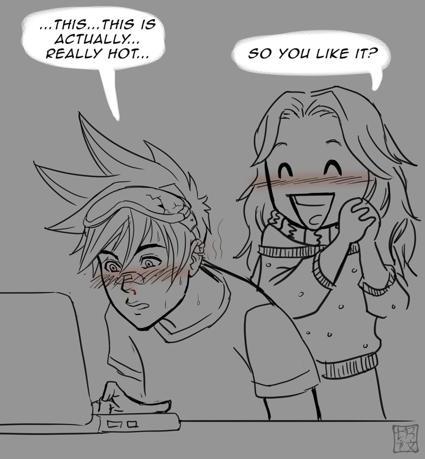 1koma 2girls ^_^ bare_shoulders blush broken closed_eyes comic computer crack emily_(overwatch) english goggles goggles_on_head greyscale hands_together highres laptop monochrome multiple_girls open_mouth overwatch reading scarf shirt short_hair spot_color sweater tracer_(overwatch) trixia