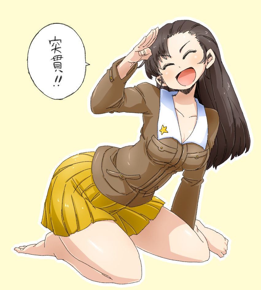 1girl aono3 arm_support asymmetrical_bangs bangs barefoot brown_eyes brown_hair brown_jacket closed_eyes full_body girls_und_panzer highres kneeling leaning_forward long_hair long_sleeves looking_at_viewer military military_uniform miniskirt nishi_kinuyo open_mouth pleated_skirt salute simple_background skirt smile solo translated uniform white_background yellow_skirt