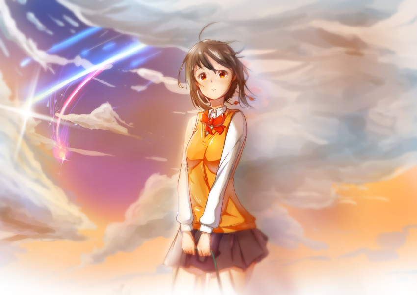 1girl absurdres ahoge artist_request brown_eyes brown_hair clouds cloudy_sky comet commentary_request frown hair_ribbon highres kimi_no_na_wa miyamizu_mitsuha red_ribbon ribbon school_uniform sky twilight